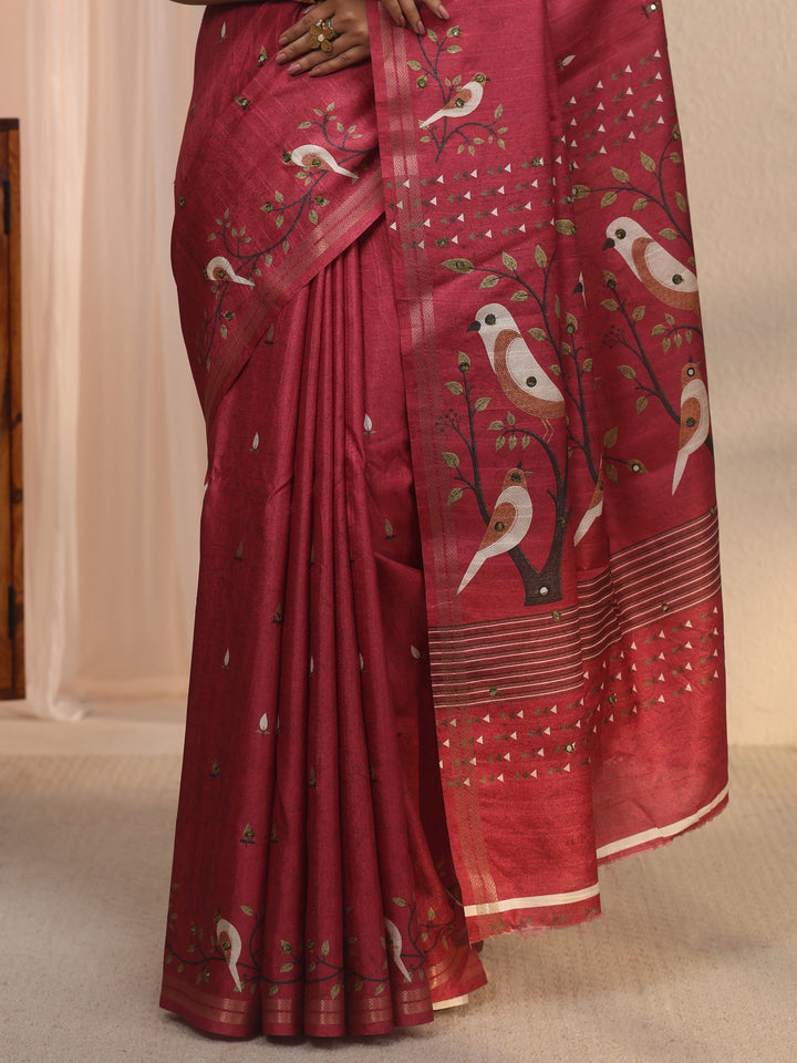 Libas Dark Pink Bird Woven Design Pallu Silk Blend Saree