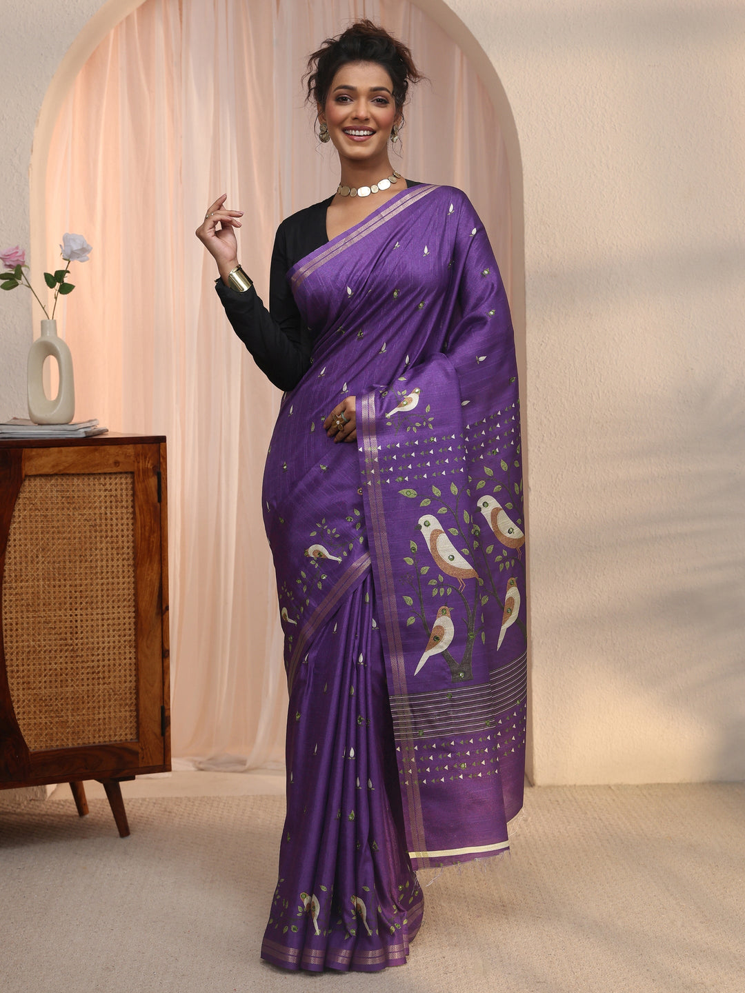 Libas Purple Bird Woven Design Pallu Silk Blend Saree