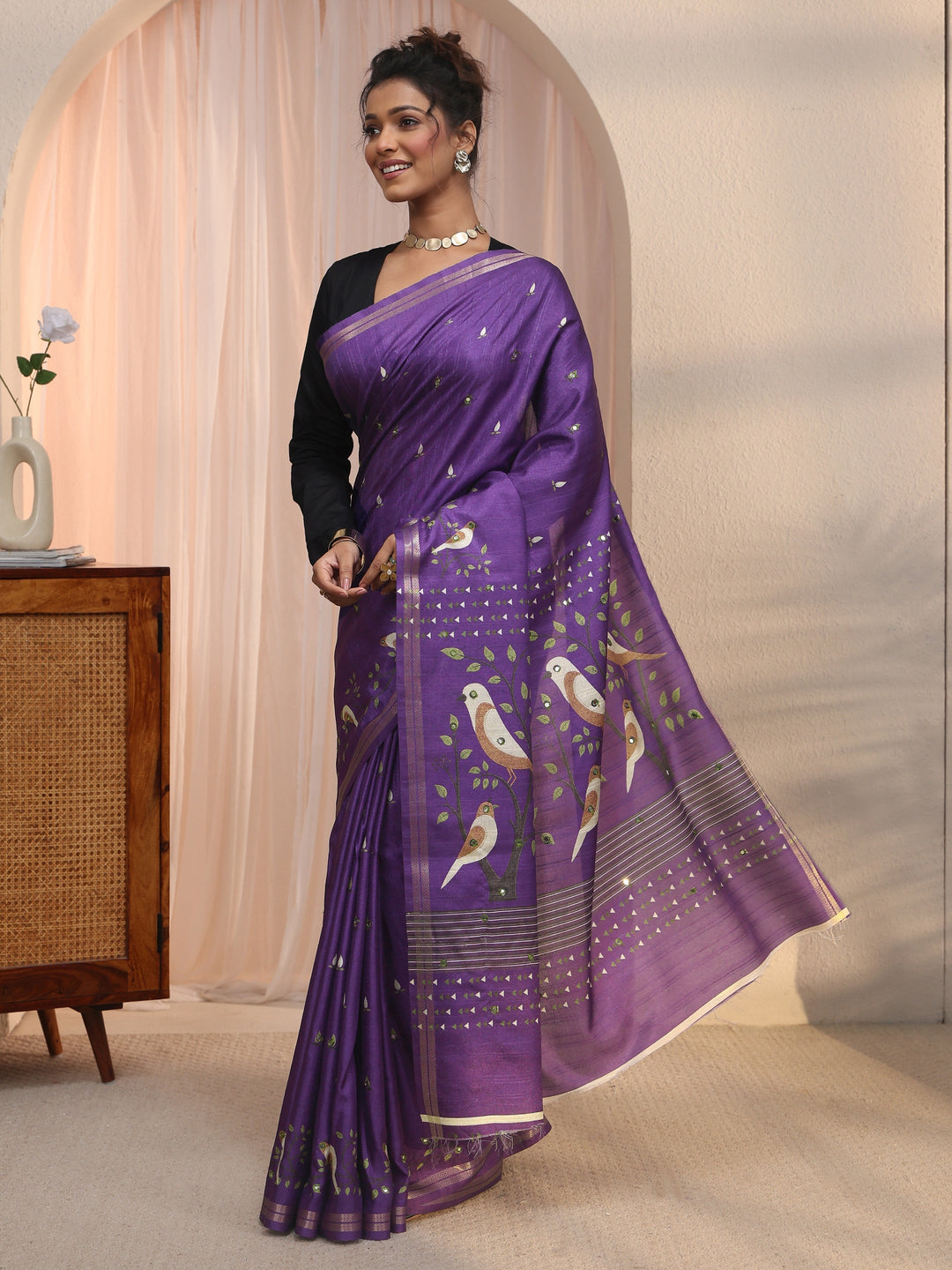 Libas Purple Bird Woven Design Pallu Silk Blend Saree
