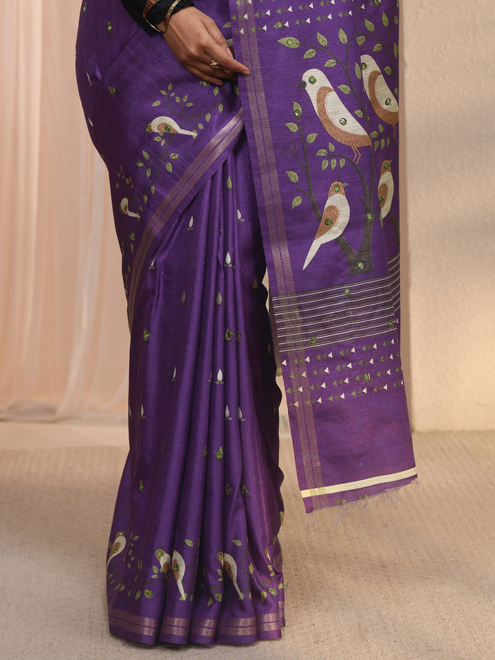 Libas Purple Bird Woven Design Pallu Silk Blend Saree