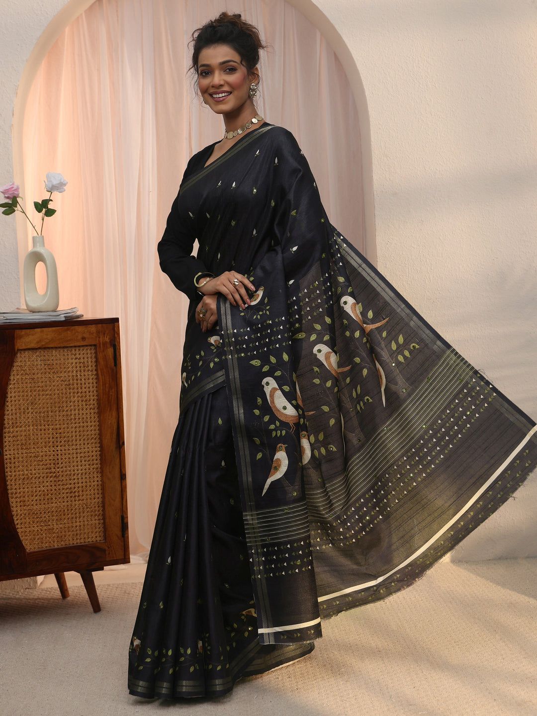 Libas Black Bird Woven Design Pallu Silk Blend Saree