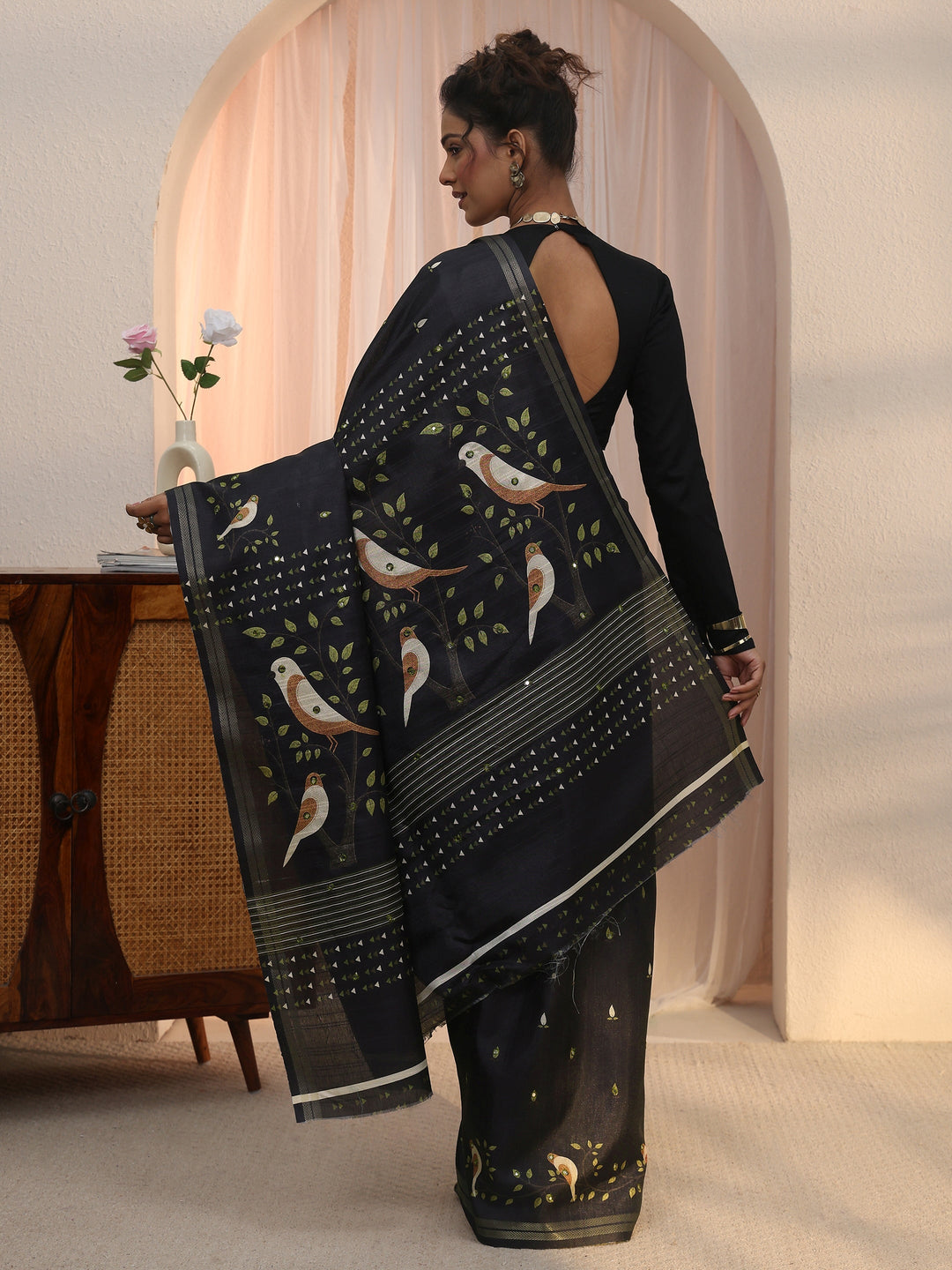 Libas Black Bird Woven Design Pallu Silk Blend Saree