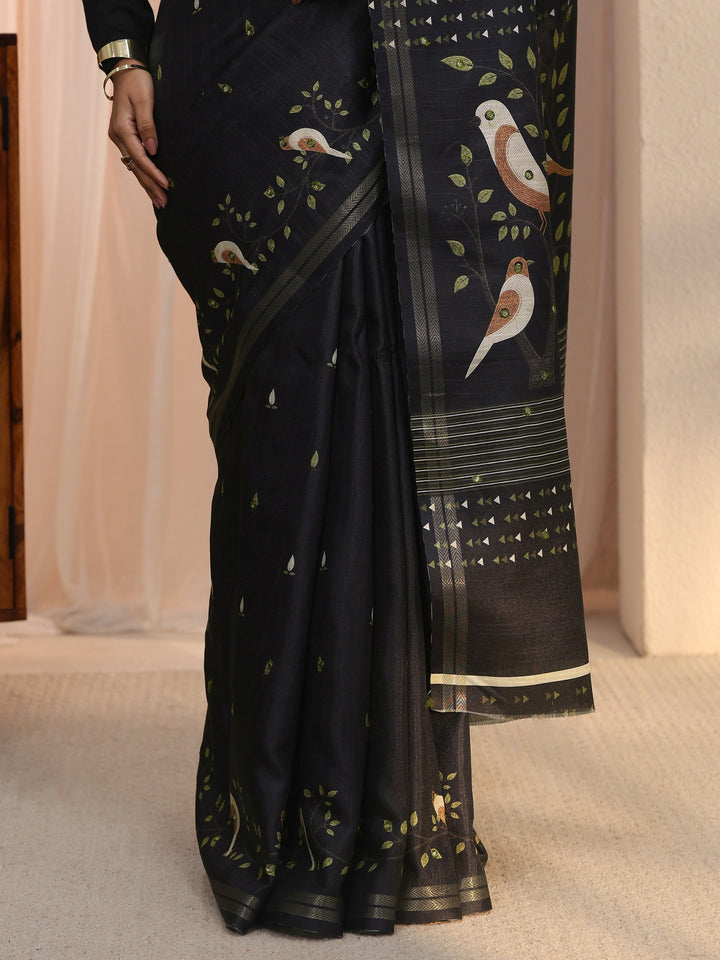 Libas Black Bird Woven Design Pallu Silk Blend Saree