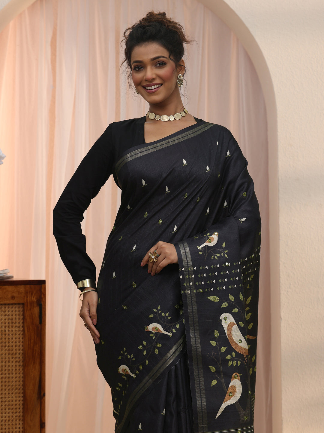 Libas Black Bird Woven Design Pallu Silk Blend Saree