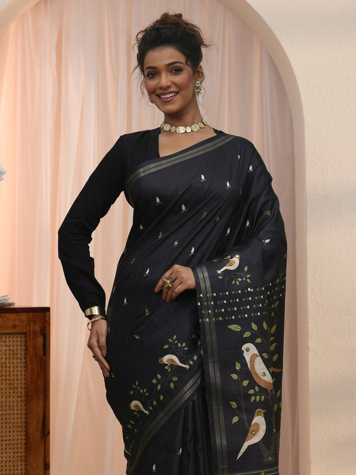 Libas Black Bird Woven Design Pallu Silk Blend Saree
