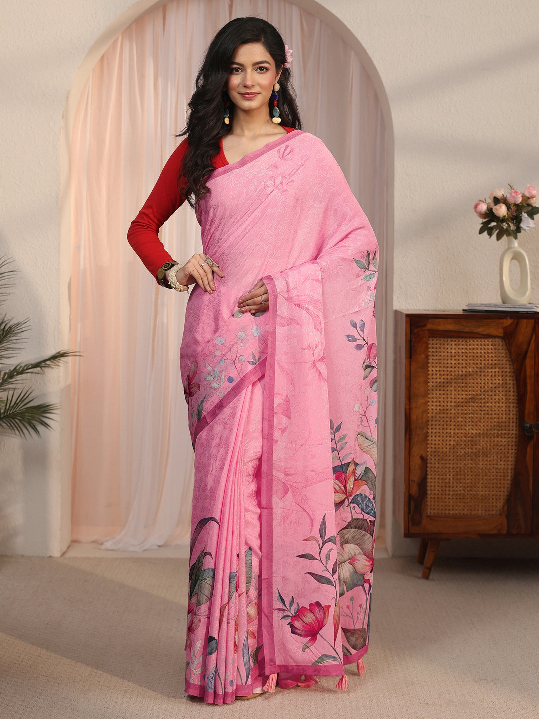 Libas Pink Floral Printed Chiffon Tassel Saree