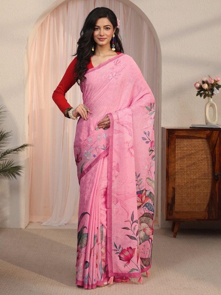 Libas Pink Floral Printed Chiffon Tassel Saree
