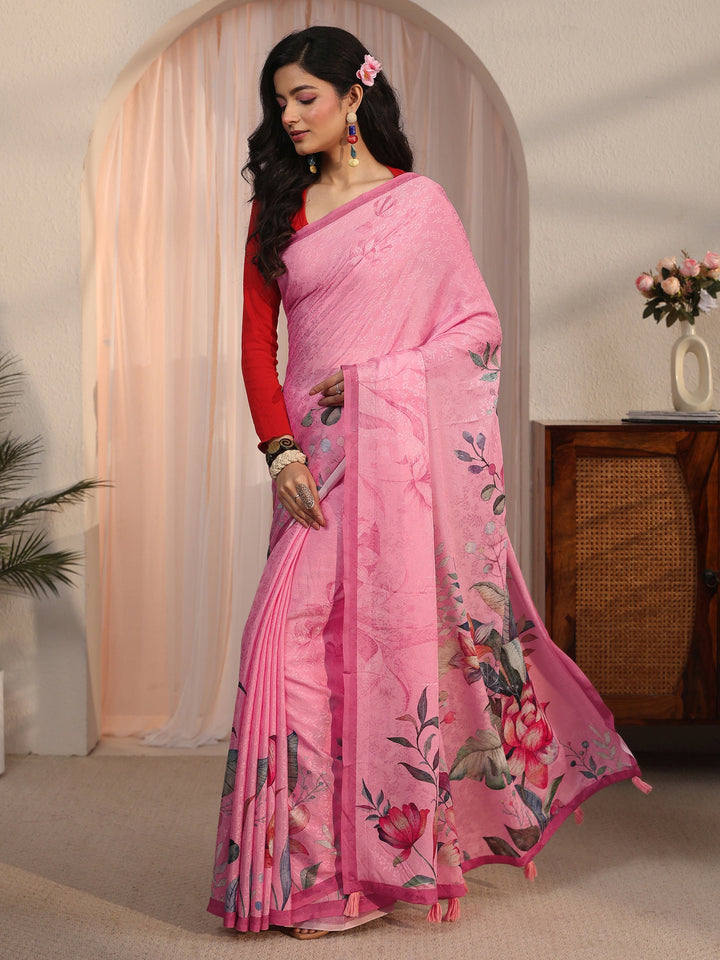 Libas Pink Floral Printed Chiffon Tassel Saree