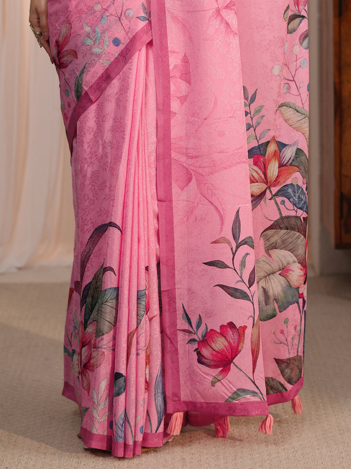 Libas Pink Floral Printed Chiffon Tassel Saree