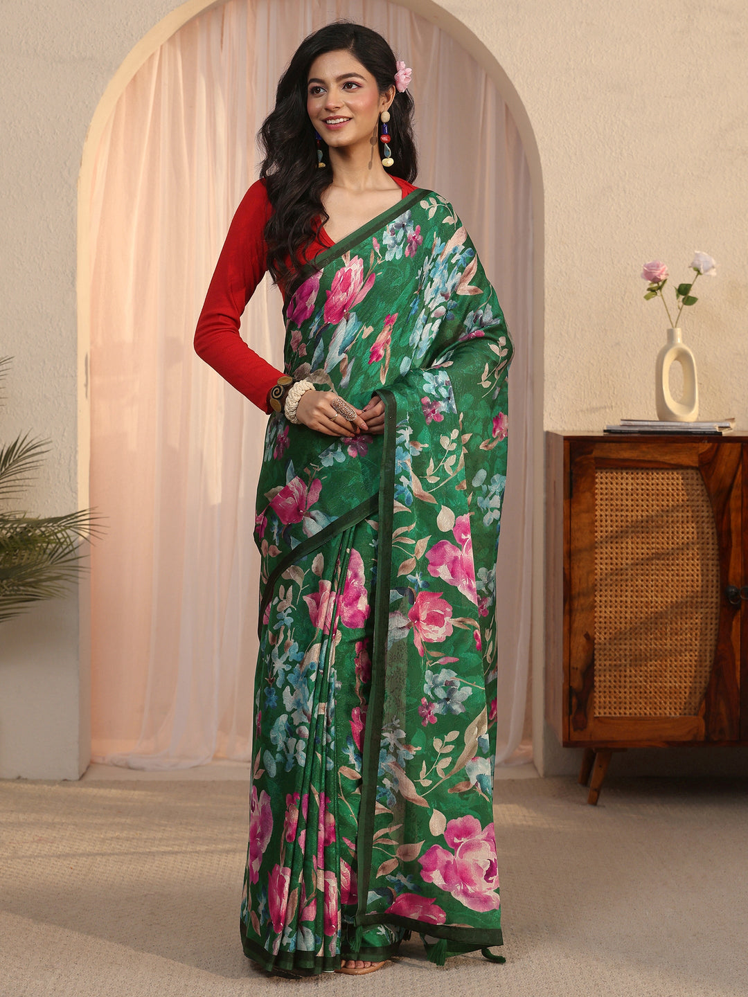 Libas Green Floral Printed Chiffon Tassel Saree