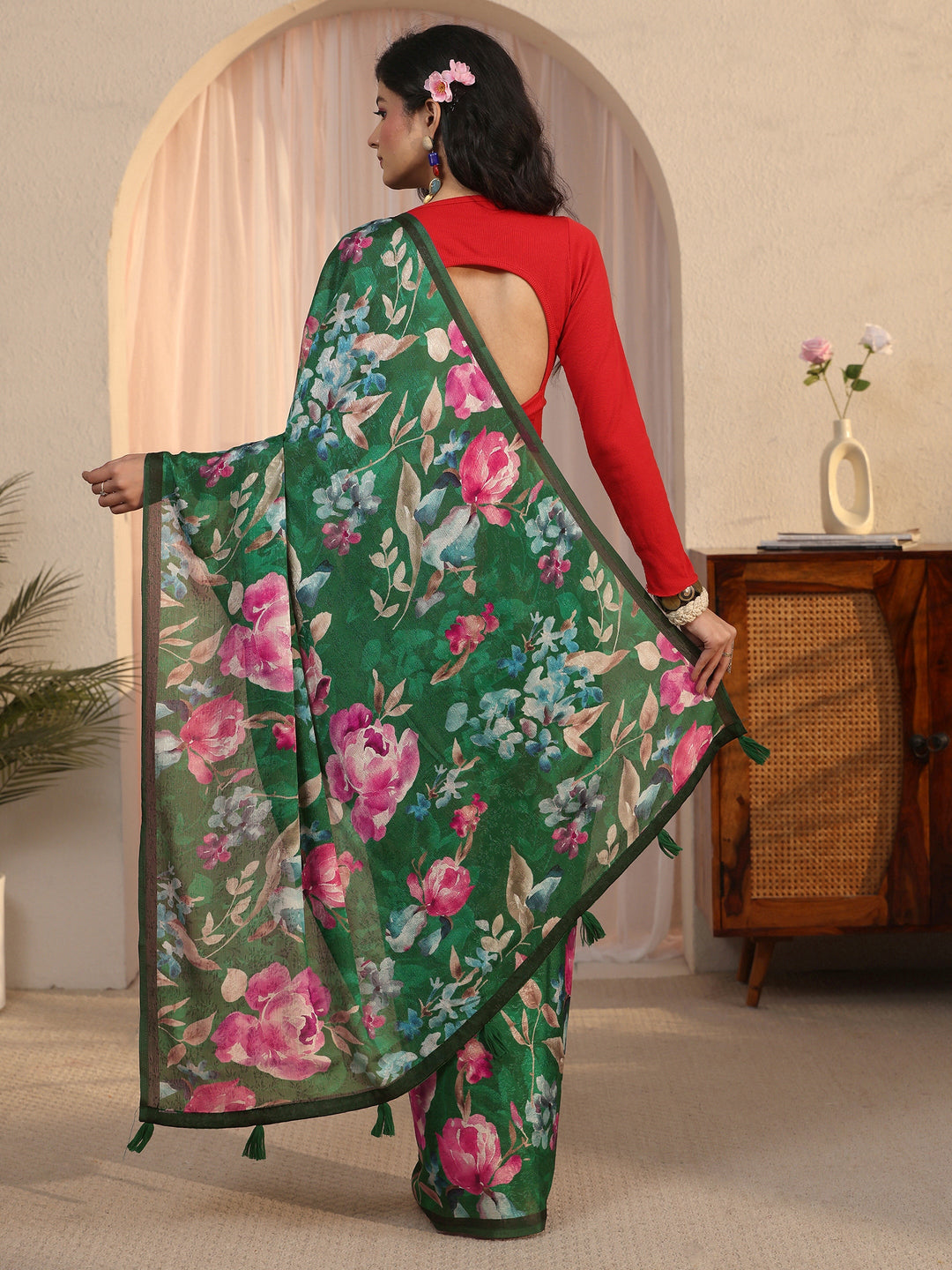 Libas Green Floral Printed Chiffon Tassel Saree