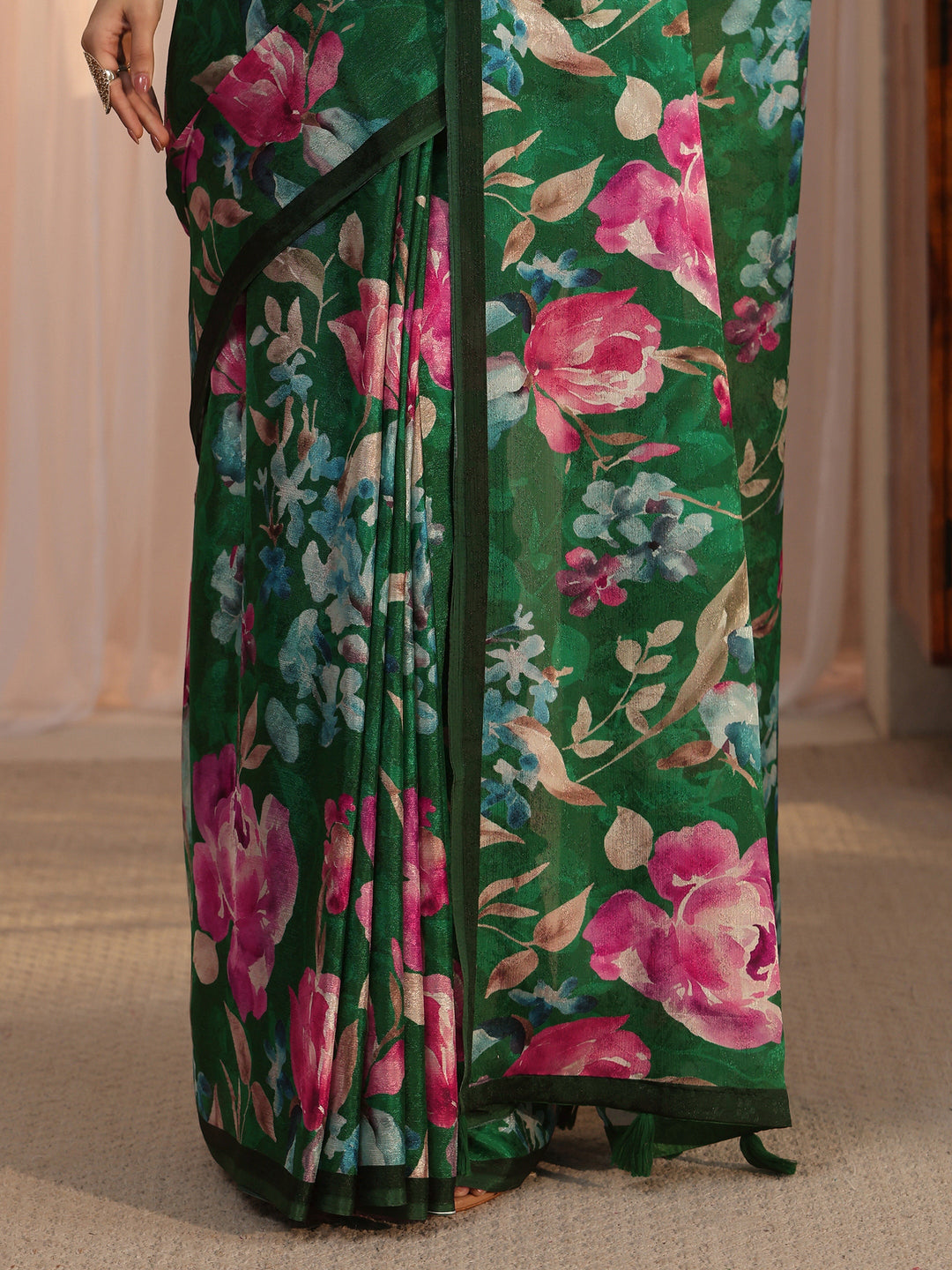 Libas Green Floral Printed Chiffon Tassel Saree