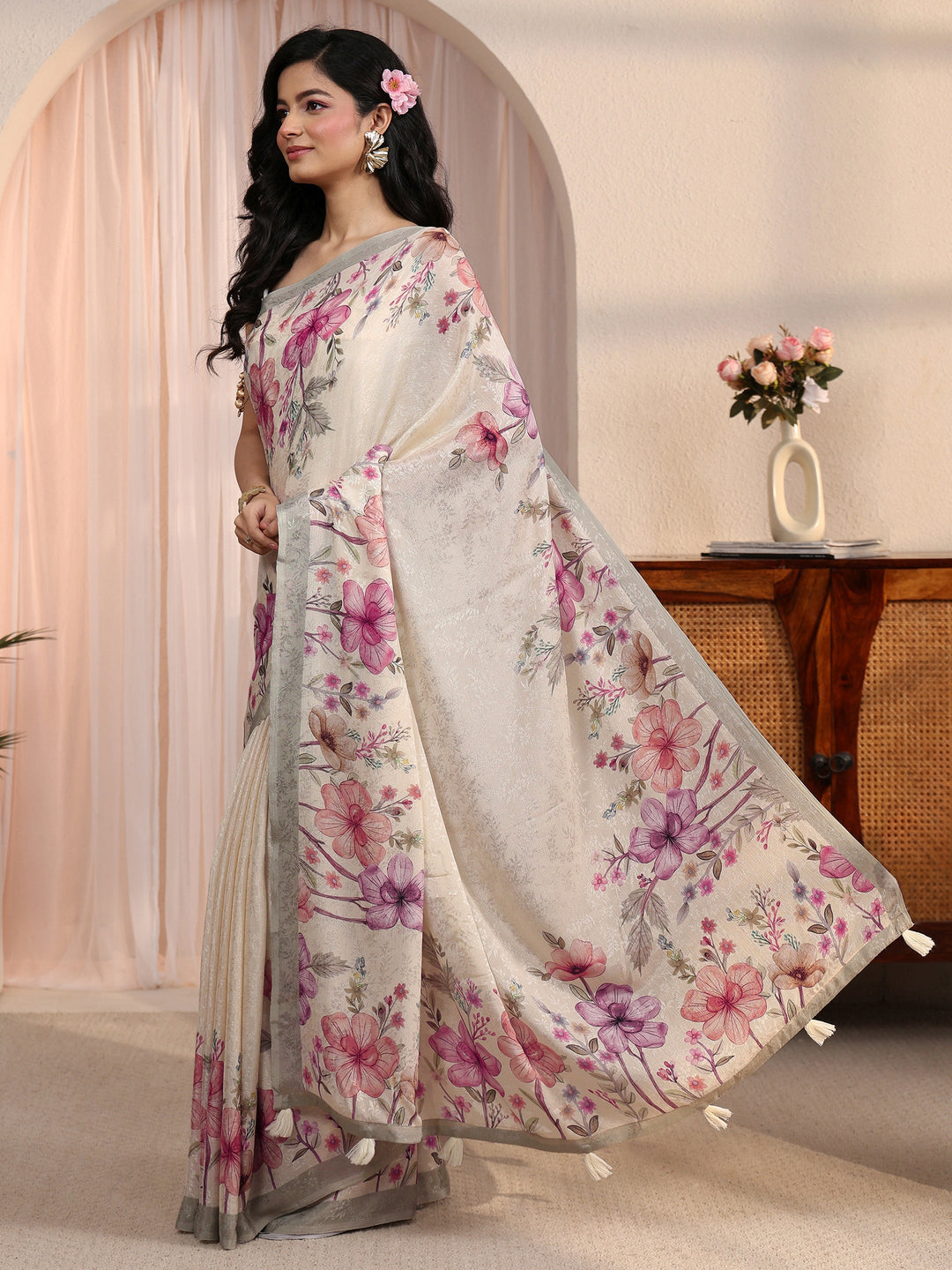 Libas Cream Floral Printed Chiffon Tassel Saree
