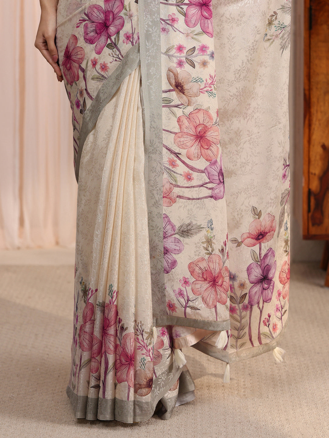 Libas Cream Floral Printed Chiffon Tassel Saree