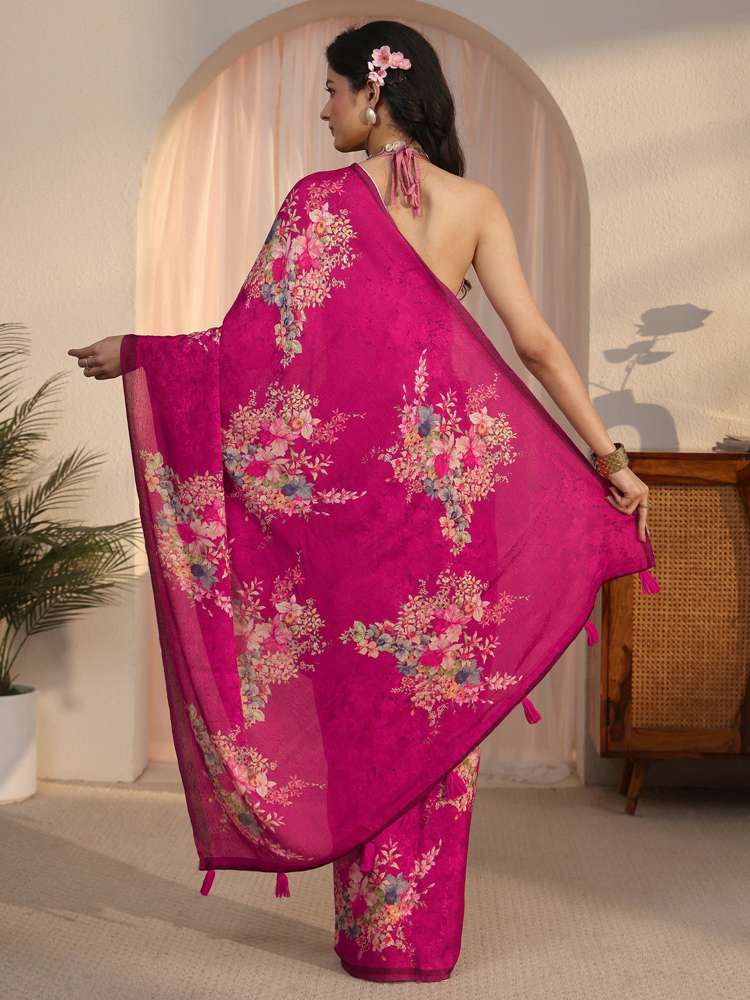 Libas Pink Floral Printed Chiffon Tassel Saree