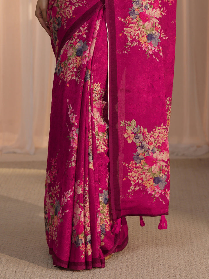 Libas Pink Floral Printed Chiffon Tassel Saree