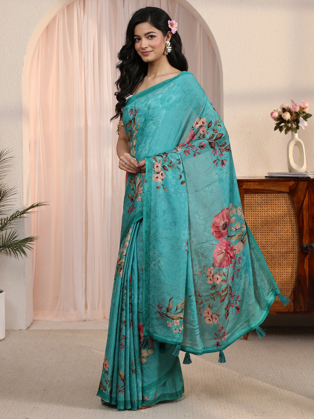 Libas Blue Floral Printed Chiffon Tassel Saree