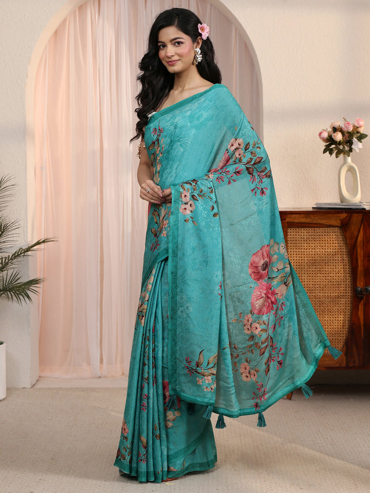 Libas Blue Floral Printed Chiffon Tassel Saree