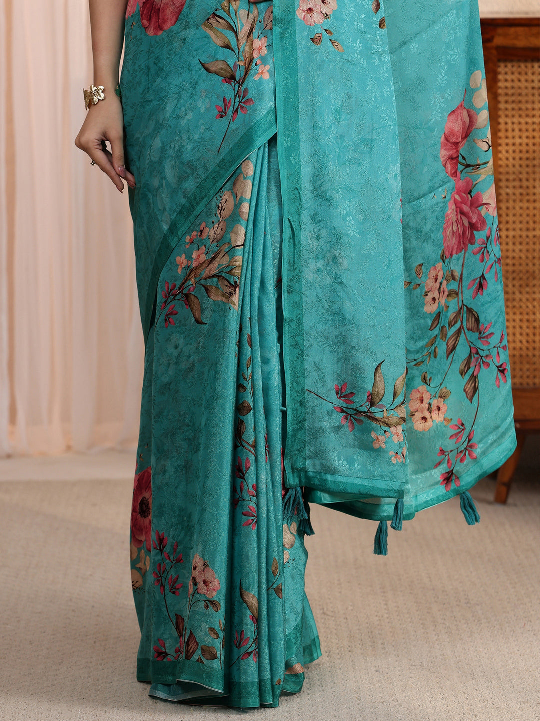 Libas Blue Floral Printed Chiffon Tassel Saree