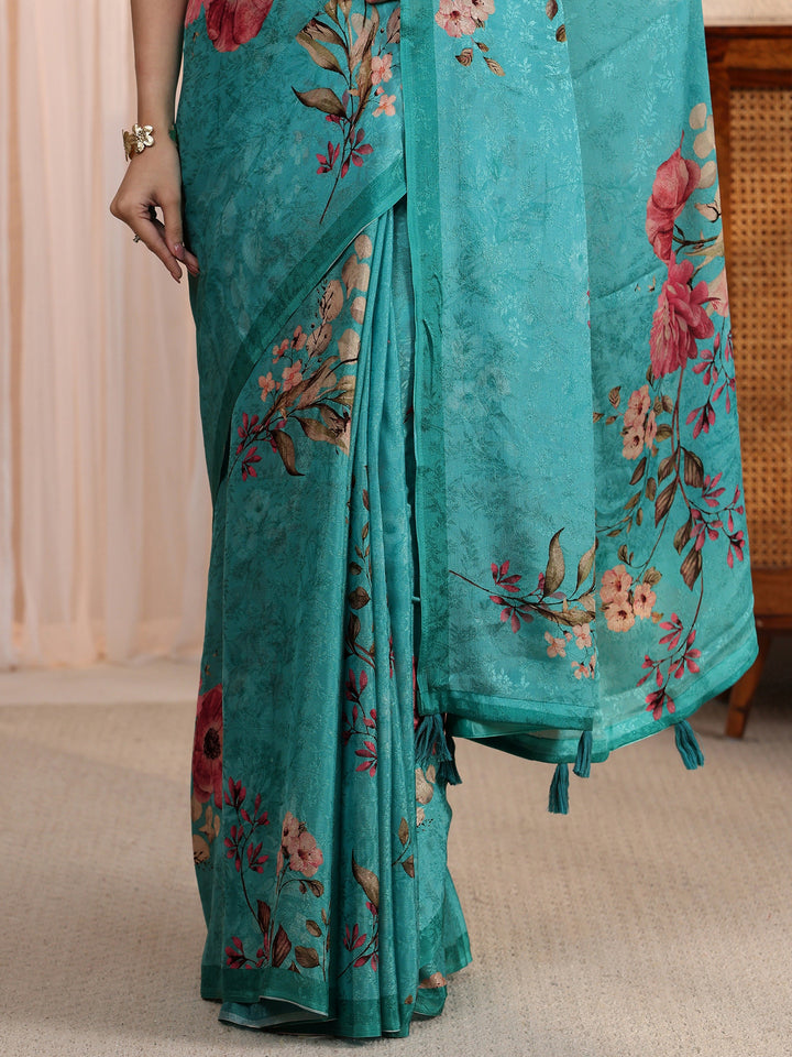 Libas Blue Floral Printed Chiffon Tassel Saree