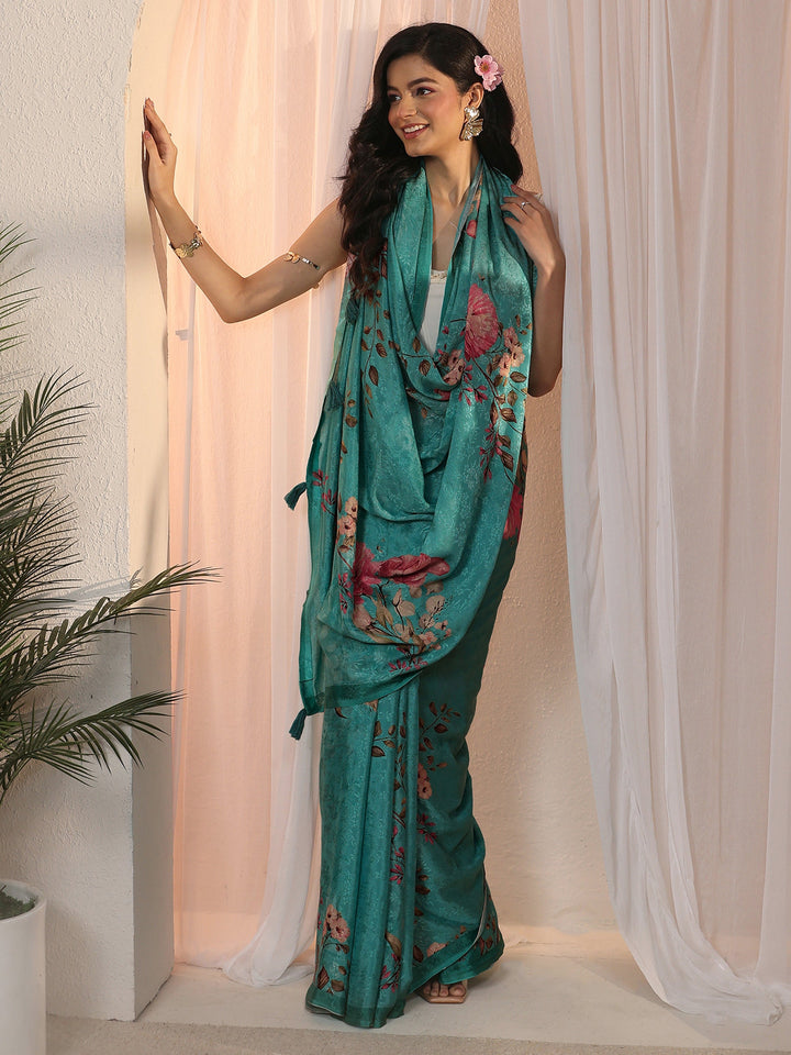 Libas Blue Floral Printed Chiffon Tassel Saree