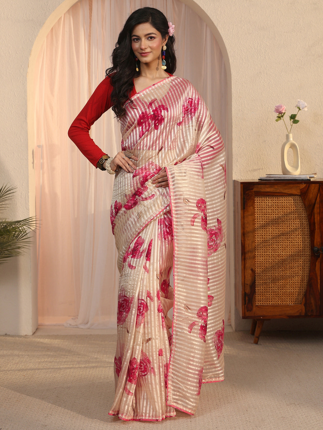 Libas Golden Striped Floral Printed Organza Saree