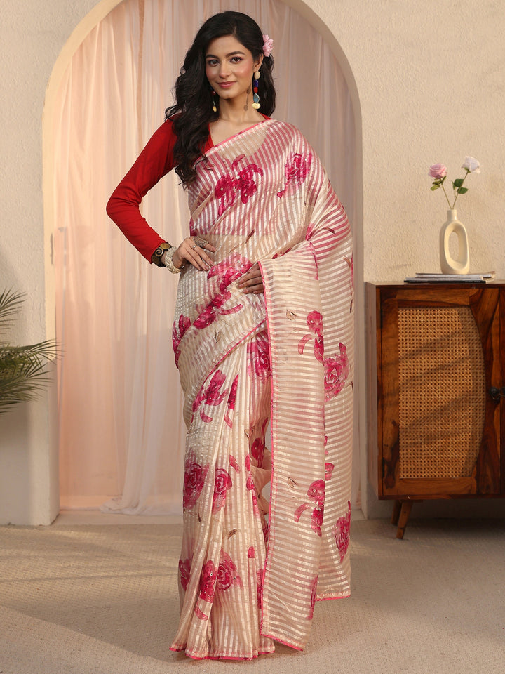 Libas Golden Striped Floral Printed Organza Saree