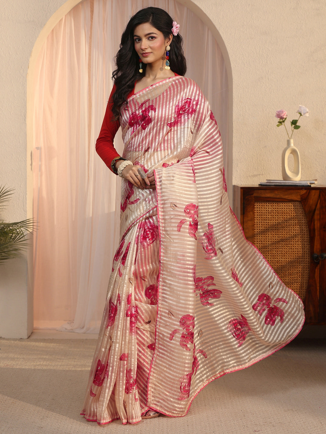 Libas Golden Striped Floral Printed Organza Saree
