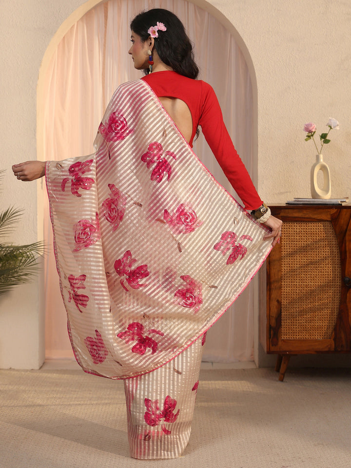 Libas Golden Striped Floral Printed Organza Saree