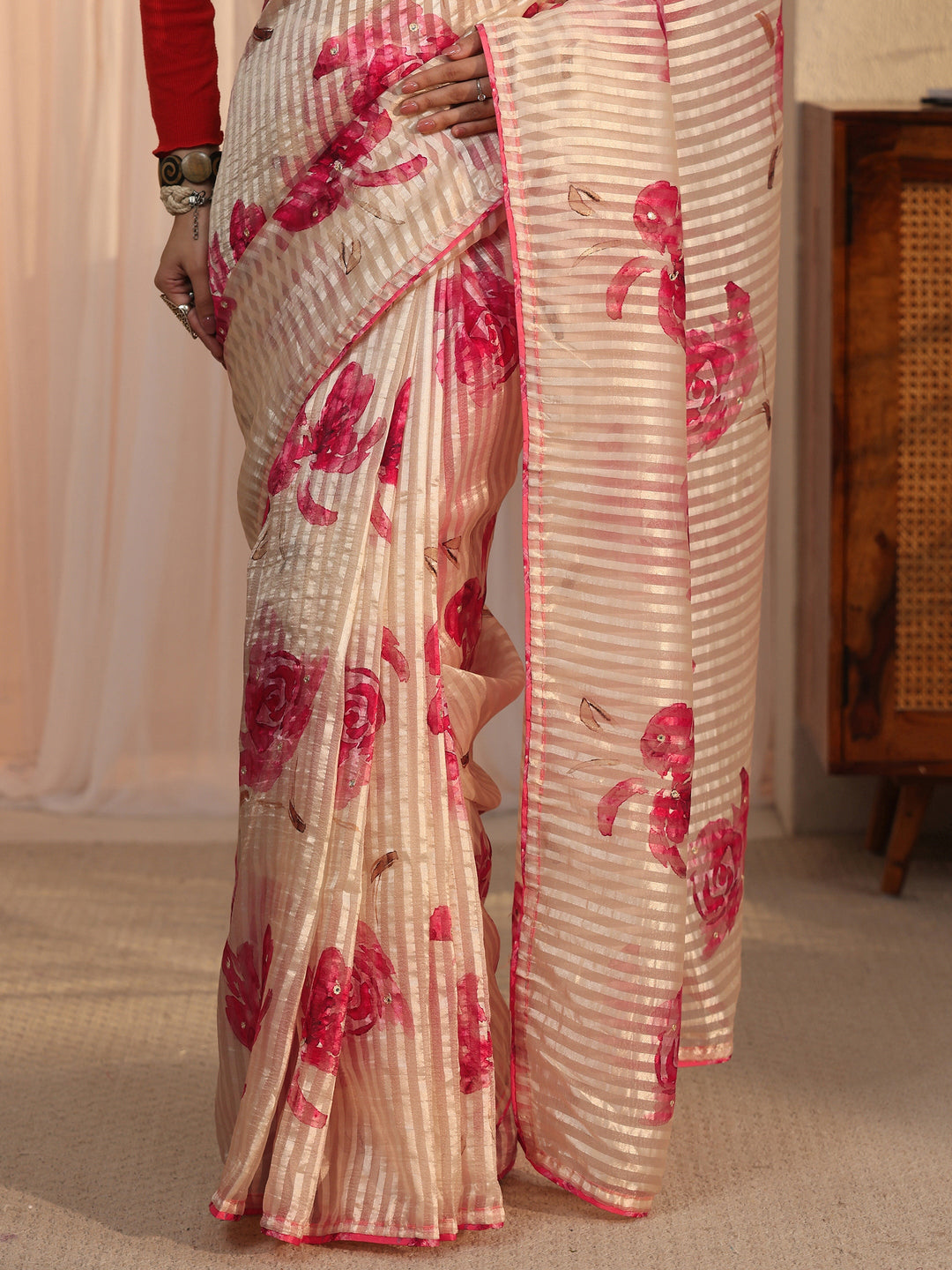 Libas Golden Striped Floral Printed Organza Saree
