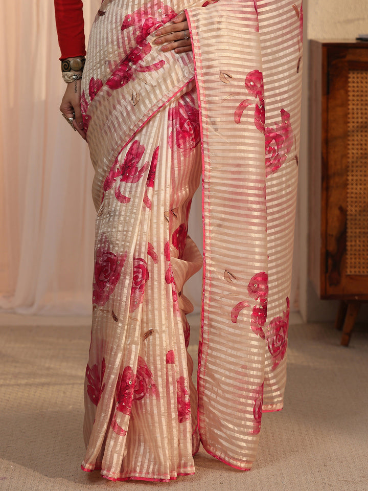 Libas Golden Striped Floral Printed Organza Saree