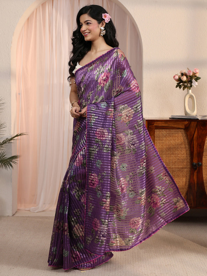 Libas Purple Striped Floral Printed Organza Saree