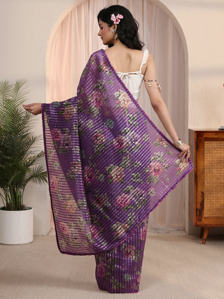Libas Purple Striped Floral Printed Organza Saree