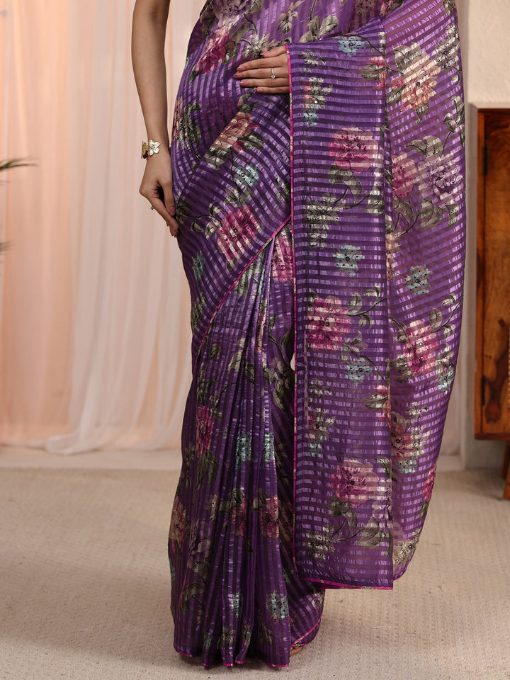 Libas Purple Striped Floral Printed Organza Saree