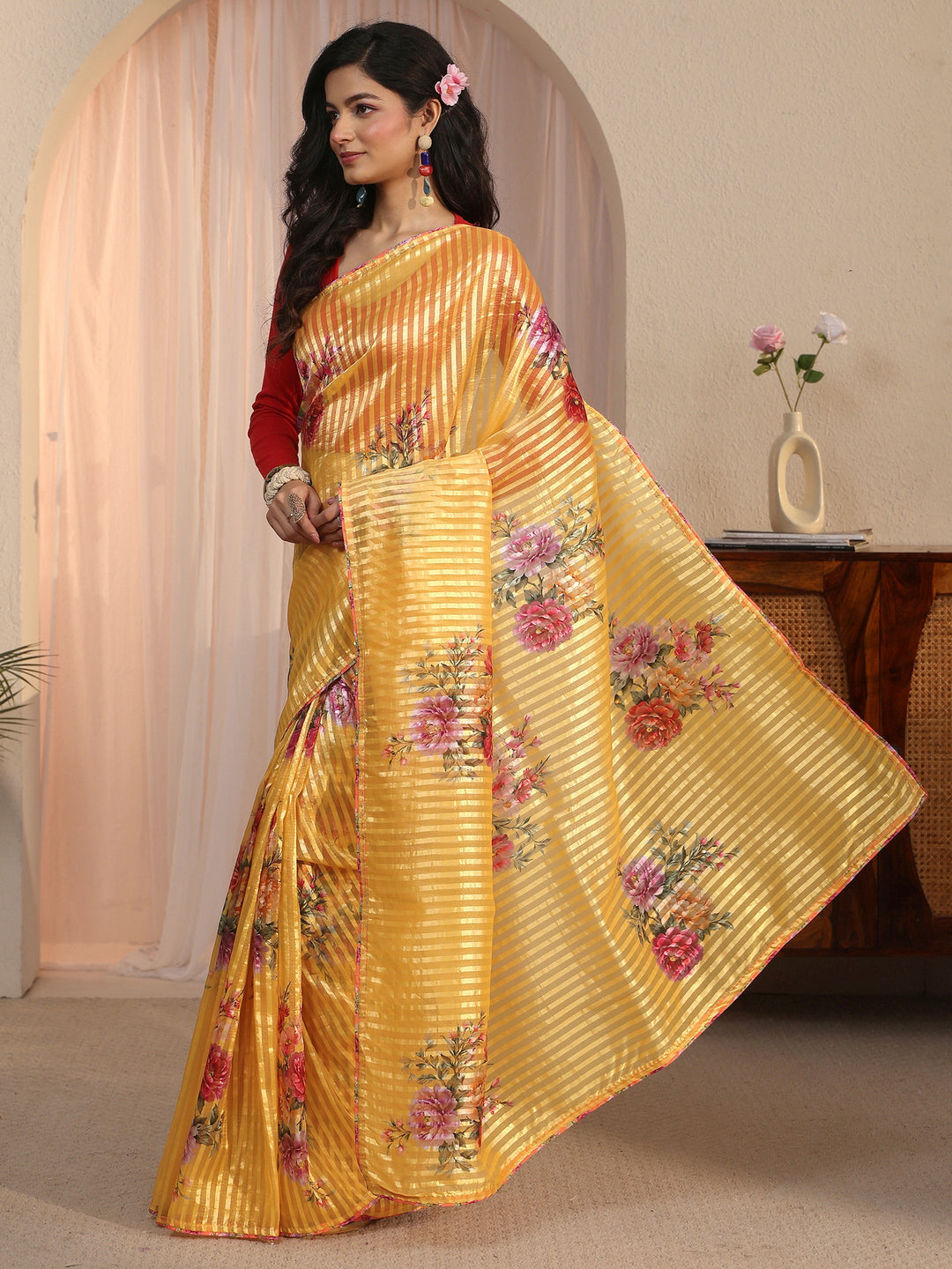 Libas Mustard Striped Floral Printed Organza Saree