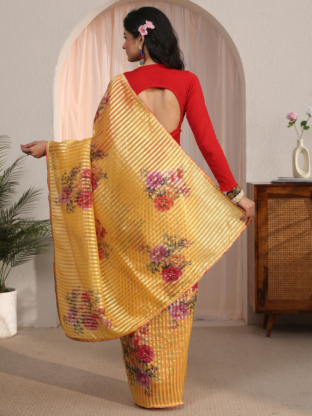 Libas Mustard Striped Floral Printed Organza Saree