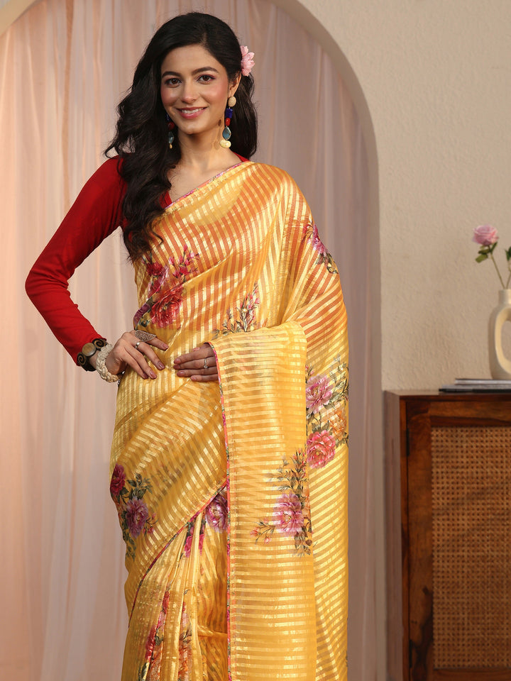 Libas Mustard Striped Floral Printed Organza Saree