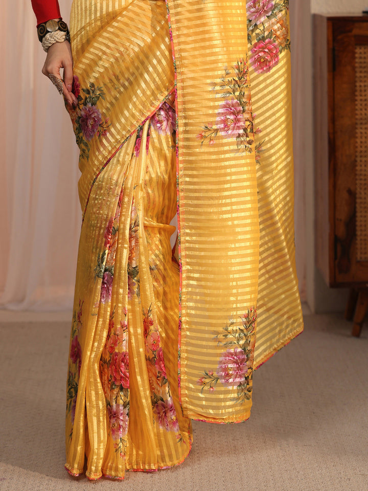 Libas Mustard Striped Floral Printed Organza Saree
