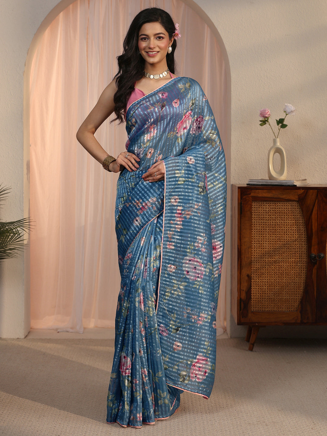 Libas Blue Striped Floral Printed Organza Saree