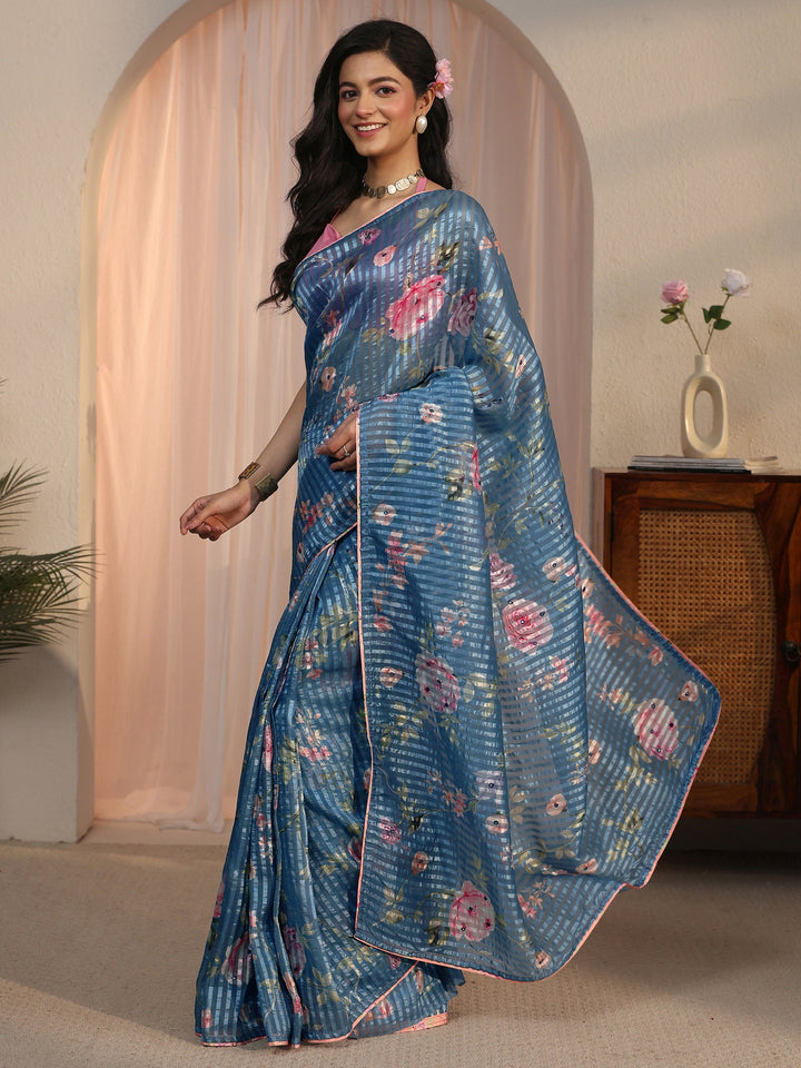 Libas Blue Striped Floral Printed Organza Saree