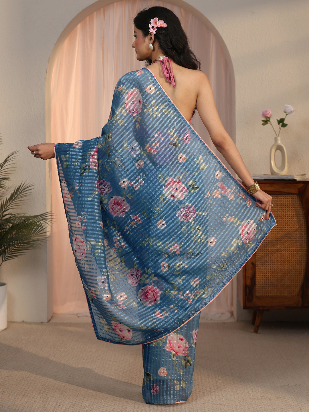 Libas Blue Striped Floral Printed Organza Saree
