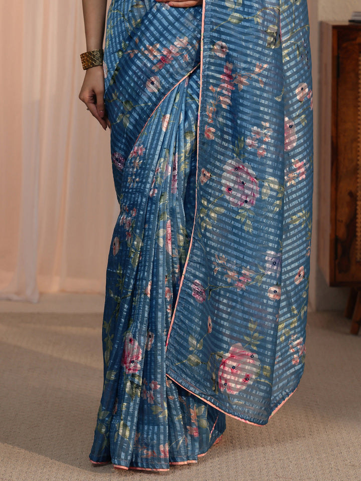 Libas Blue Striped Floral Printed Organza Saree