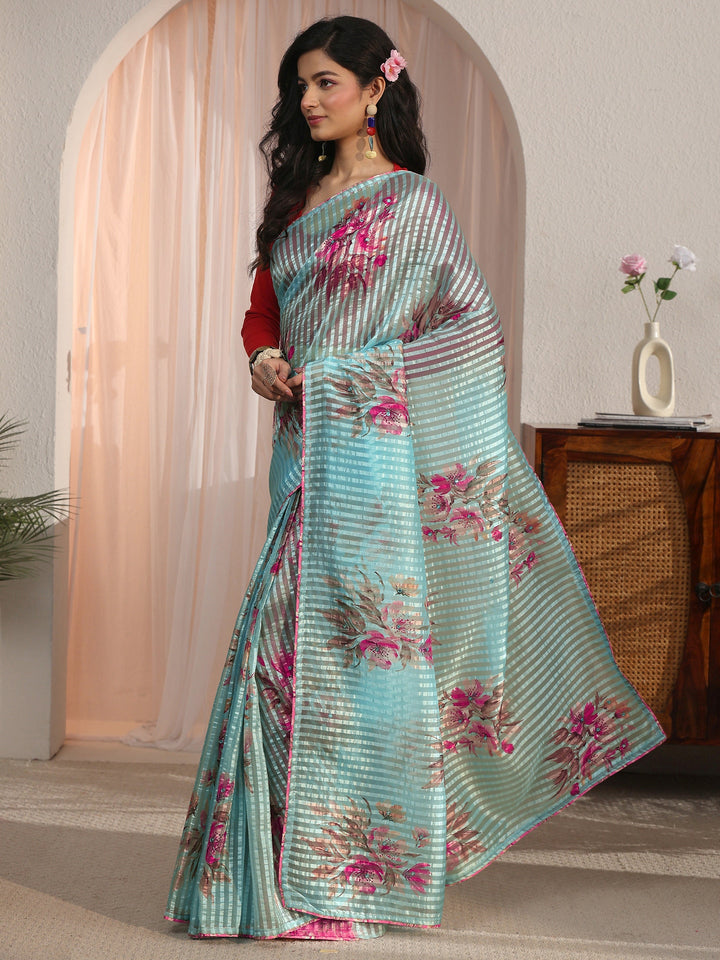 Libas Aqua Blue Striped Floral Printed Organza Saree