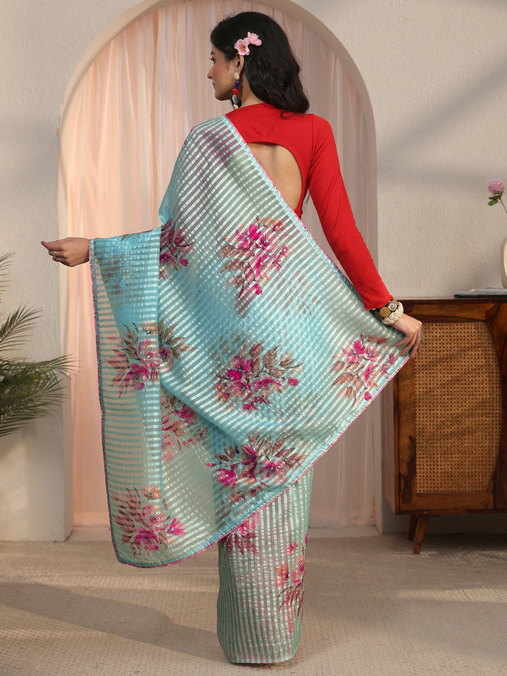Libas Aqua Blue Striped Floral Printed Organza Saree