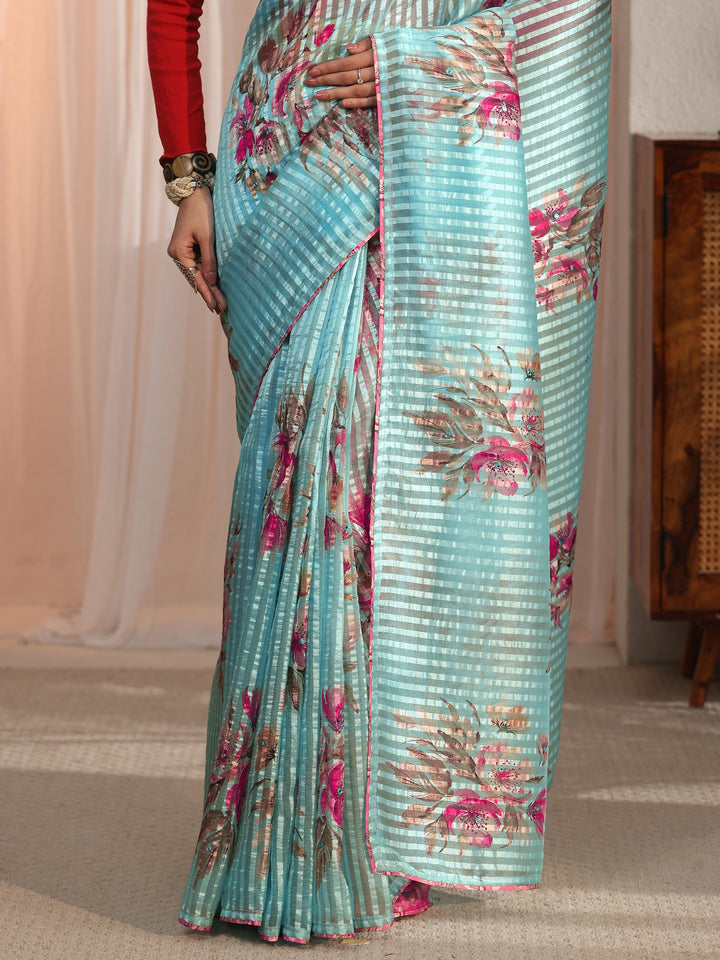 Libas Aqua Blue Striped Floral Printed Organza Saree