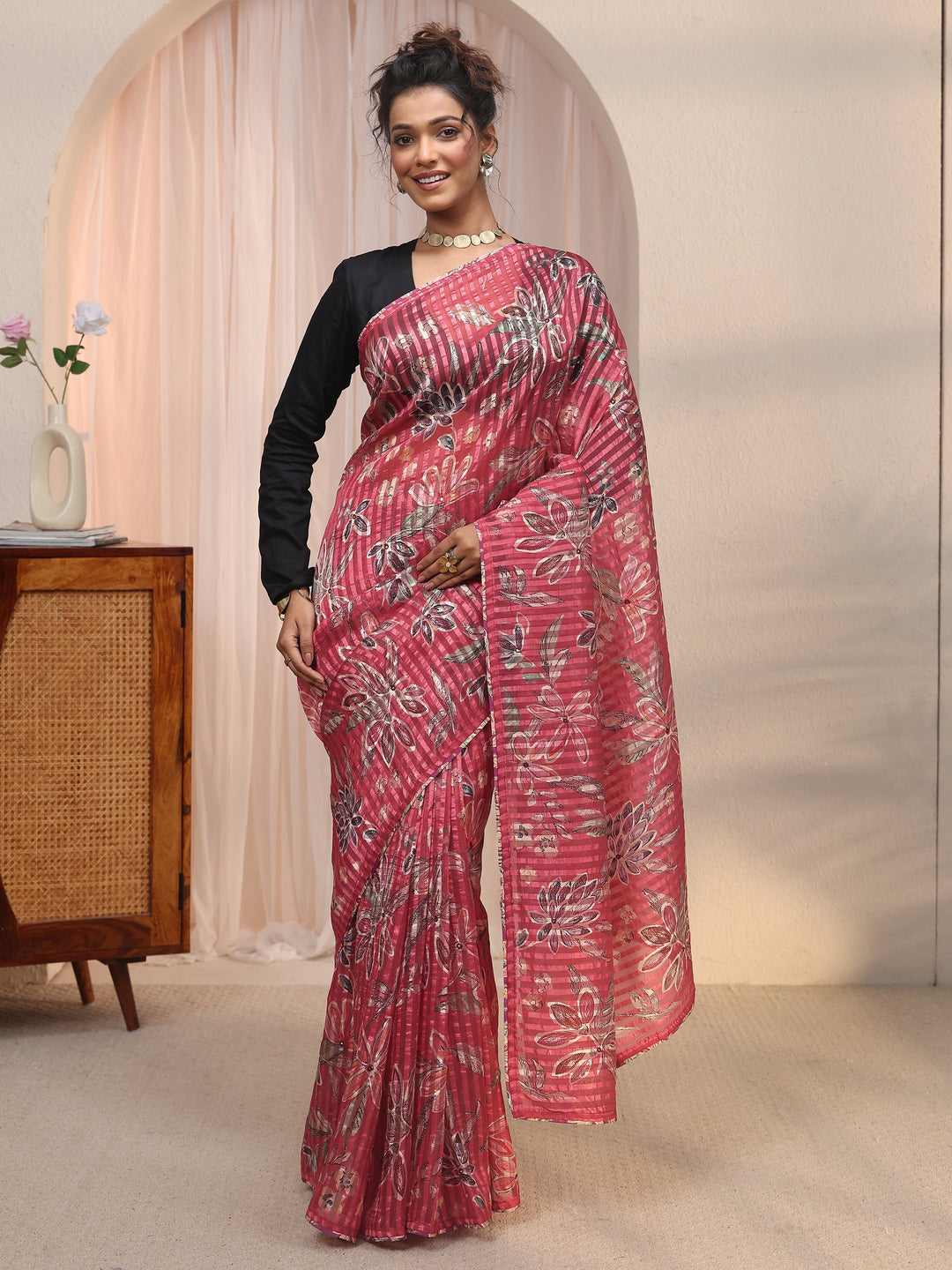 Libas Rust Red Striped Floral Printed Organza Saree