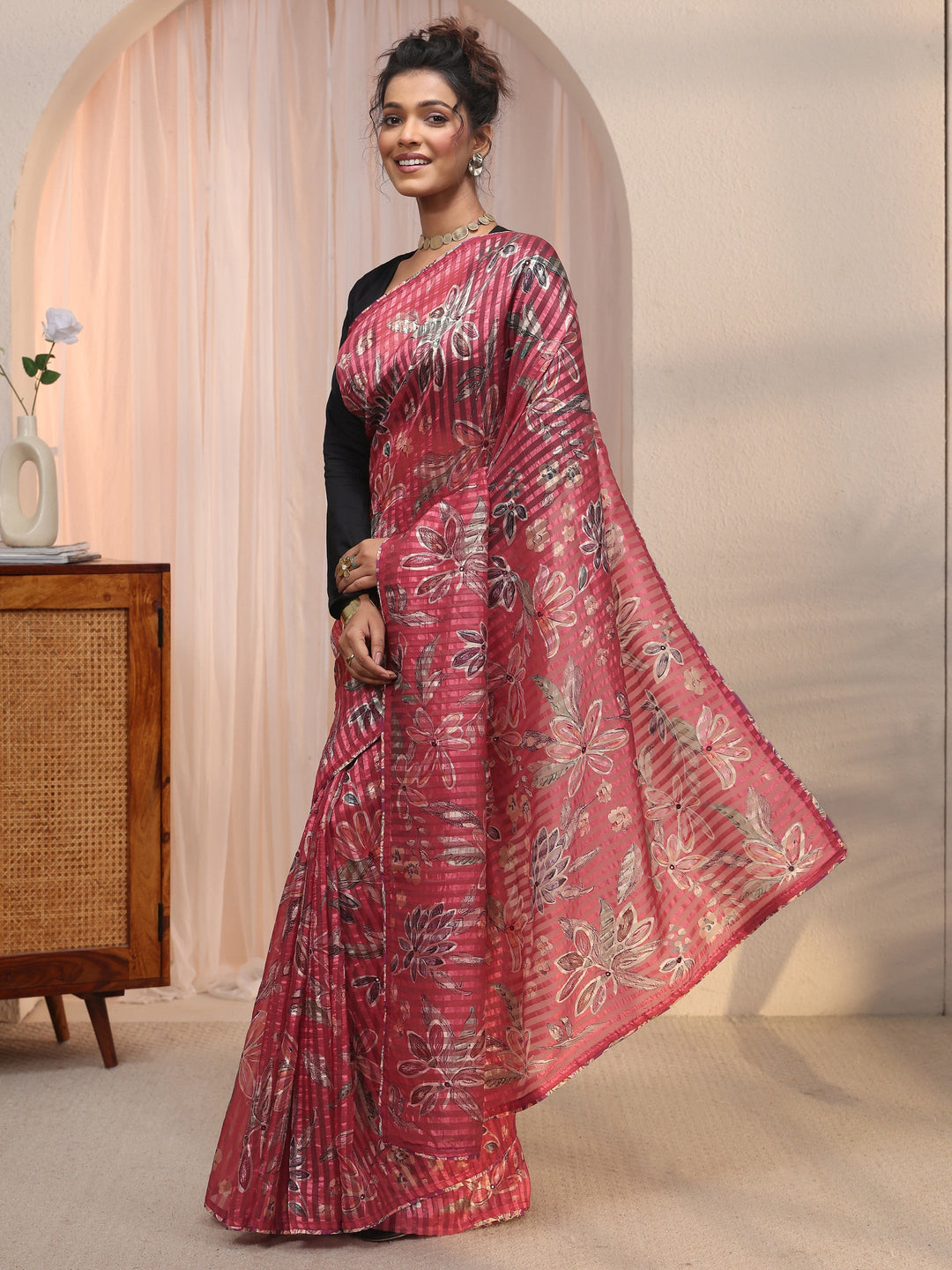 Libas Rust Red Striped Floral Printed Organza Saree