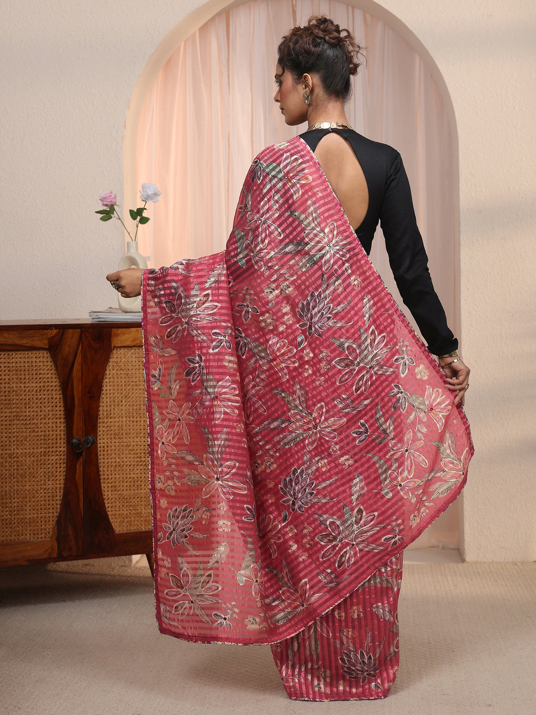 Libas Rust Red Striped Floral Printed Organza Saree