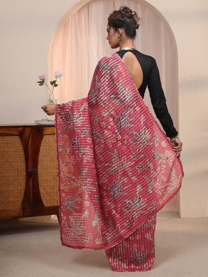 Libas Rust Red Striped Floral Printed Organza Saree