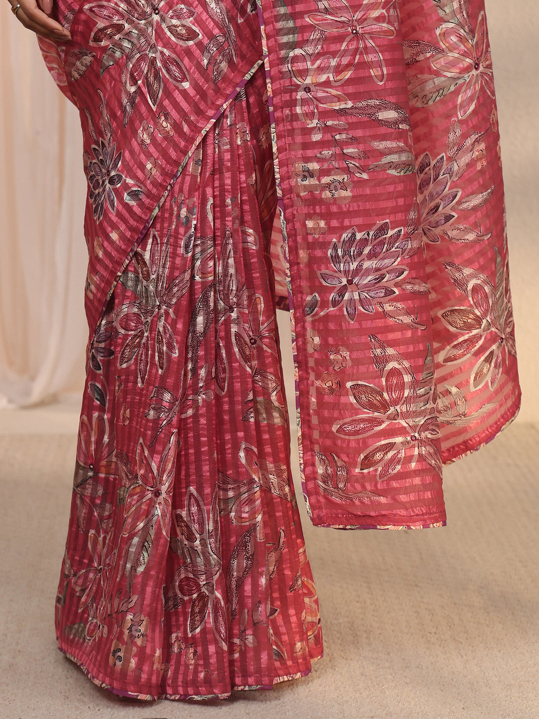 Libas Rust Red Striped Floral Printed Organza Saree